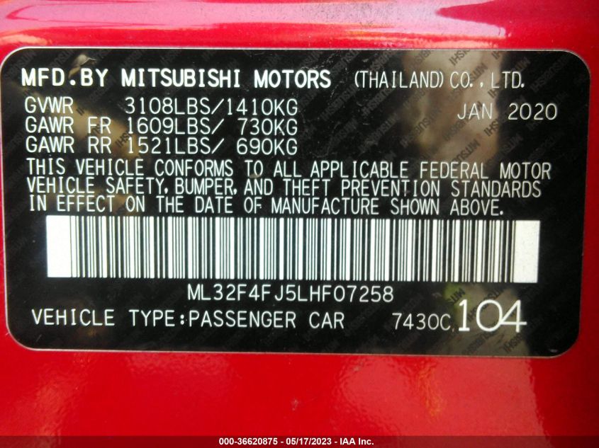 2020 MITSUBISHI MIRAGE G4 SE/LE - ML32F4FJ5LHF07258
