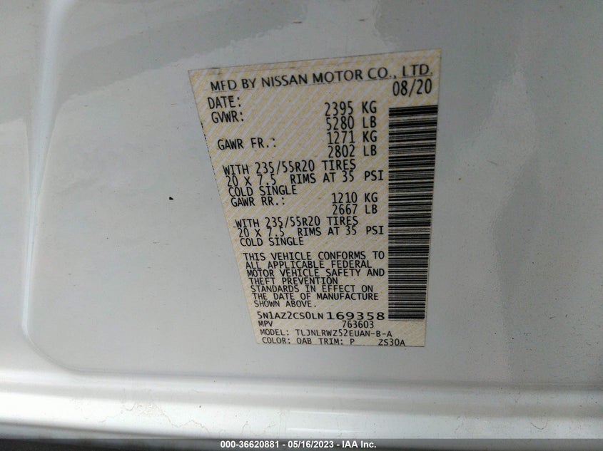 VIN 5N1AZ2CS0LN169358 2020 NISSAN MURANO SL