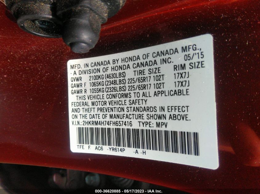 2015 HONDA CR-V EX-L - 2HKRM4H74FH657416