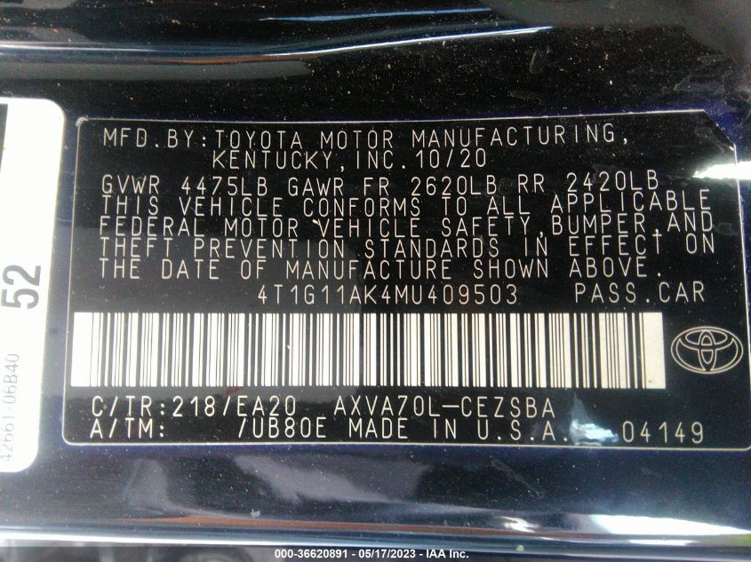 2021 TOYOTA CAMRY SE - 4T1G11AK4MU409503