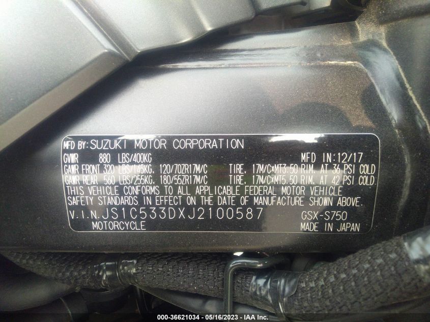 2018 SUZUKI GSX-S750 M/Z - JS1C533DXJ2100587