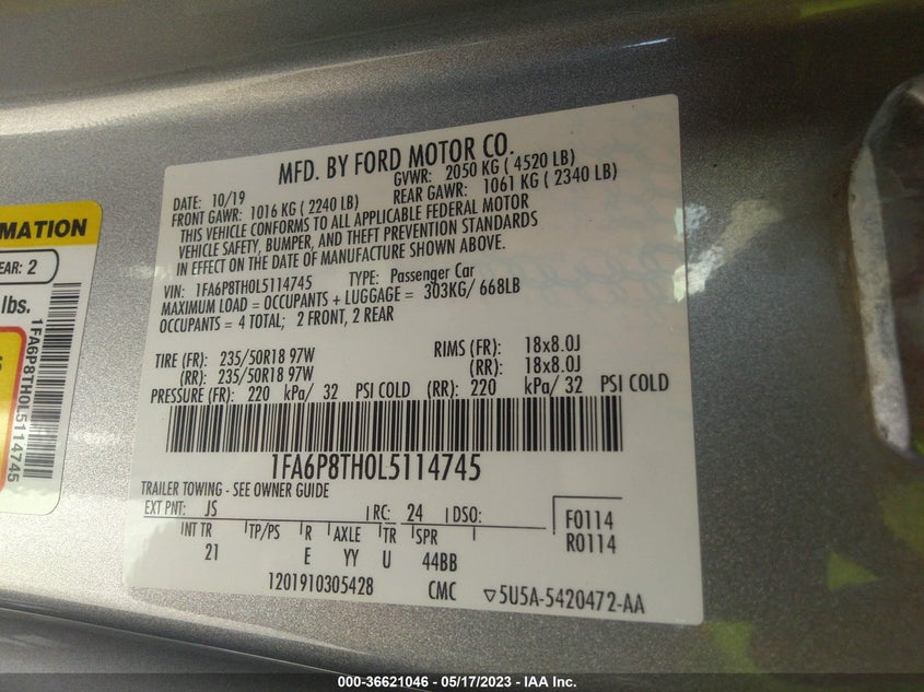 VIN 1FA6P8TH0L5114745 2020 FORD MUSTANG ECOBOOST