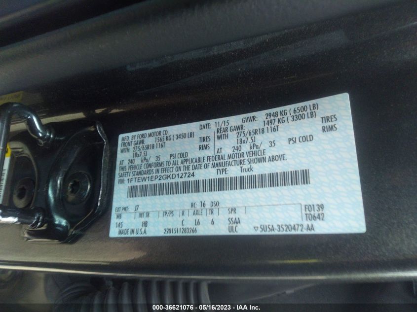 2016 FORD F-150 XLT/XL/LARIAT - 1FTEW1EP2GKD12724