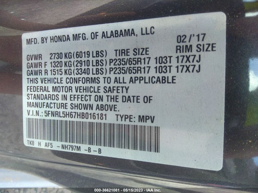 2017 HONDA ODYSSEY EX-L - 5FNRL5H67HB016181
