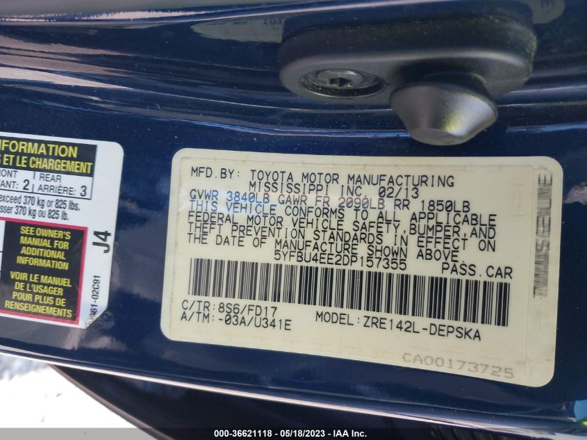 2013 TOYOTA COROLLA L/LE/S - 5YFBU4EE2DP157355