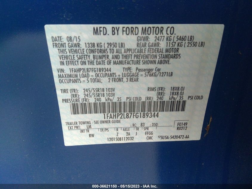 2015 FORD SEDAN POLICE INTERCEPTOR 1FAHP2L87FG189344