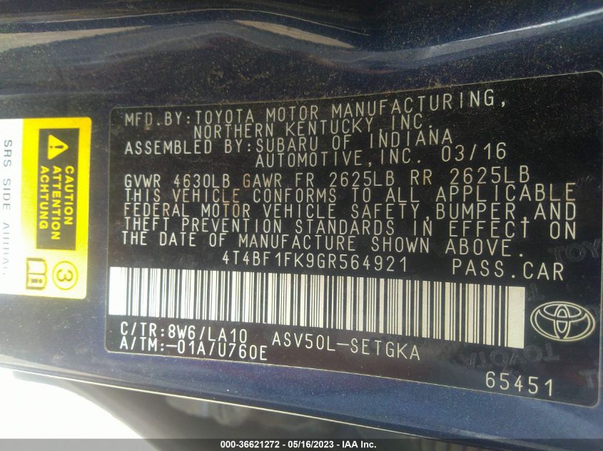 2016 TOYOTA CAMRY XLE - 4T4BF1FK9GR564921