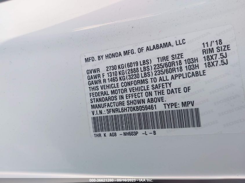 2019 HONDA ODYSSEY EX-L - 5FNRL6H70KB059461
