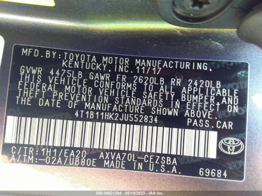 2018 TOYOTA CAMRY LE/SE/XLE/L - 4T1B11HK2JU552834