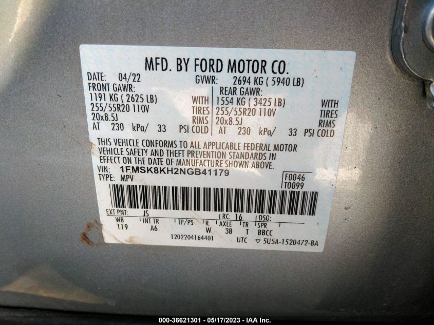 2022 FORD EXPLORER ST-LINE - 1FMSK8KH2NGB41179