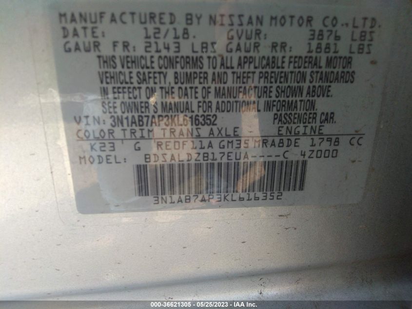 2019 NISSAN SENTRA SV - 3N1AB7AP3KL616352