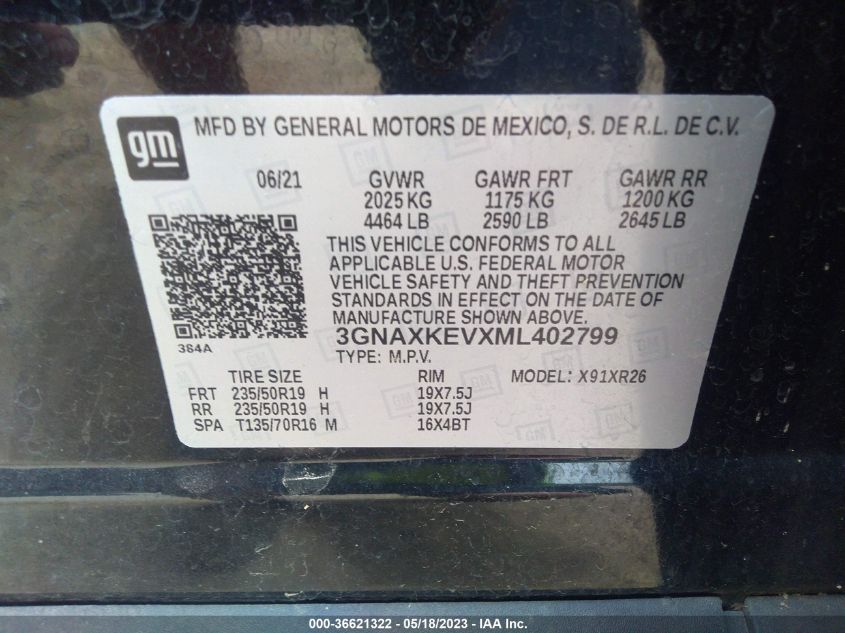 2021 CHEVROLET EQUINOX LT - 3GNAXKEVXML402799