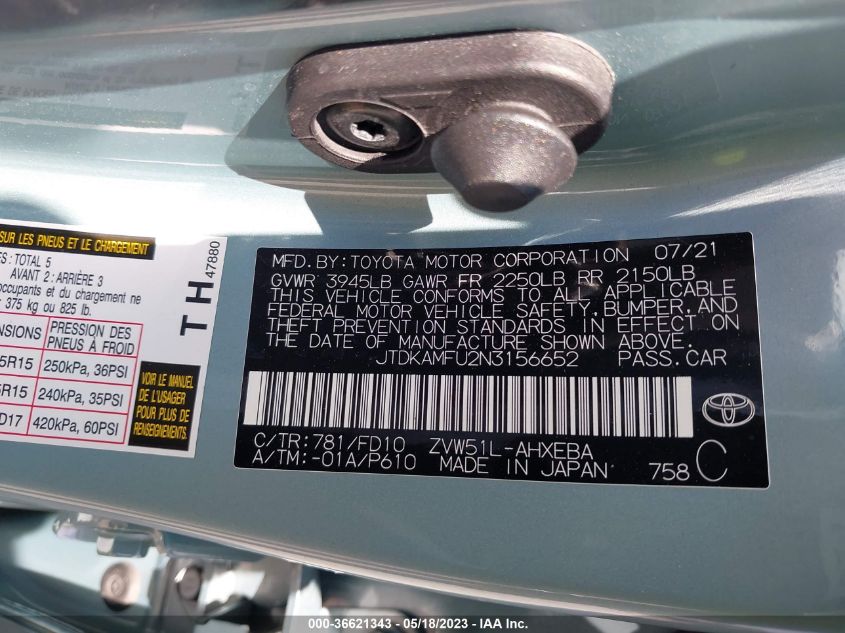 2022 TOYOTA PRIUS L - JTDKAMFU2N3156652