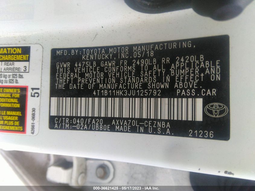 2018 TOYOTA CAMRY LE/SE/XLE/L - 4T1B11HK3JU125792