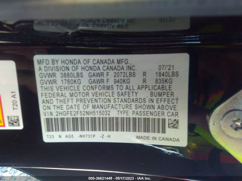 2022 HONDA CIVIC SEDAN SPORT - 2HGFE2F52NH515032