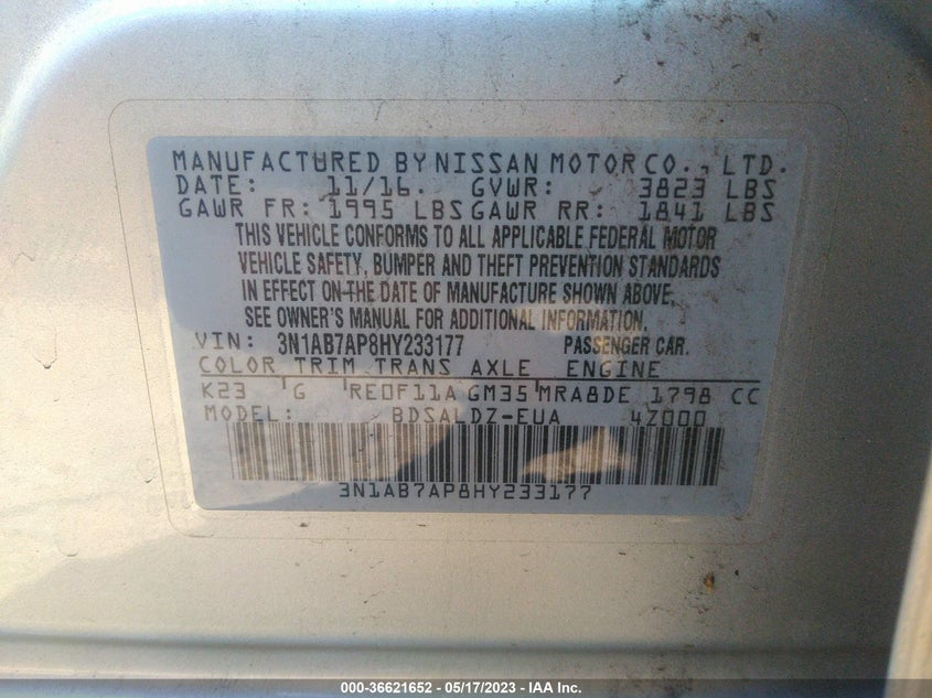 VIN 3N1AB7AP8HY233177 2017 NISSAN SENTRA SV