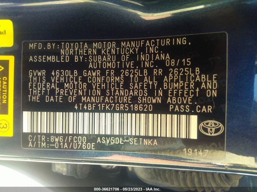 2016 TOYOTA CAMRY XLE/SE/LE/XSE - 4T4BF1FK7GR518620