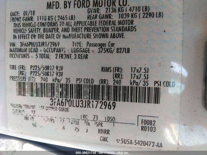 2018 FORD FUSION HYBRID SE - 3FA6P0LU3JR172969