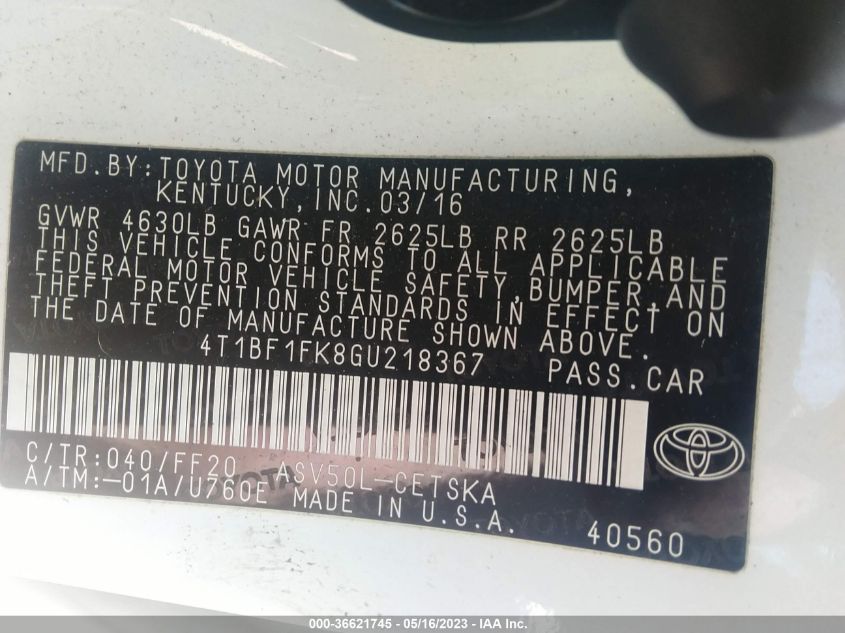 2016 TOYOTA CAMRY XLE/SE/LE/XSE - 4T1BF1FK8GU218367