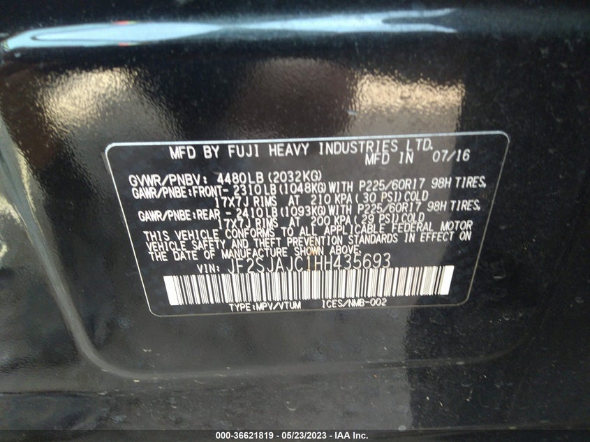 VIN JF2SJAJC1HH435693 2017 SUBARU FORESTER LIMITED