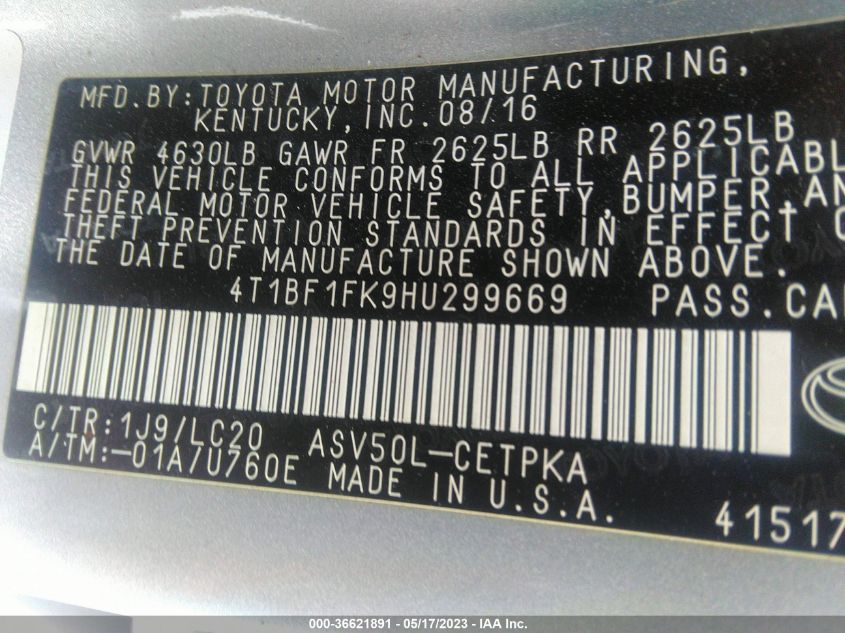 2017 TOYOTA CAMRY XLE/SE/LE/XSE - 4T1BF1FK9HU299669