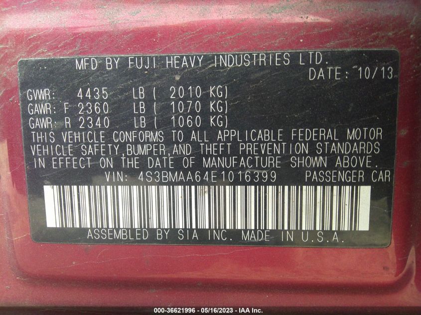 2014 SUBARU LEGACY 2.5I - 4S3BMAA64E1016399