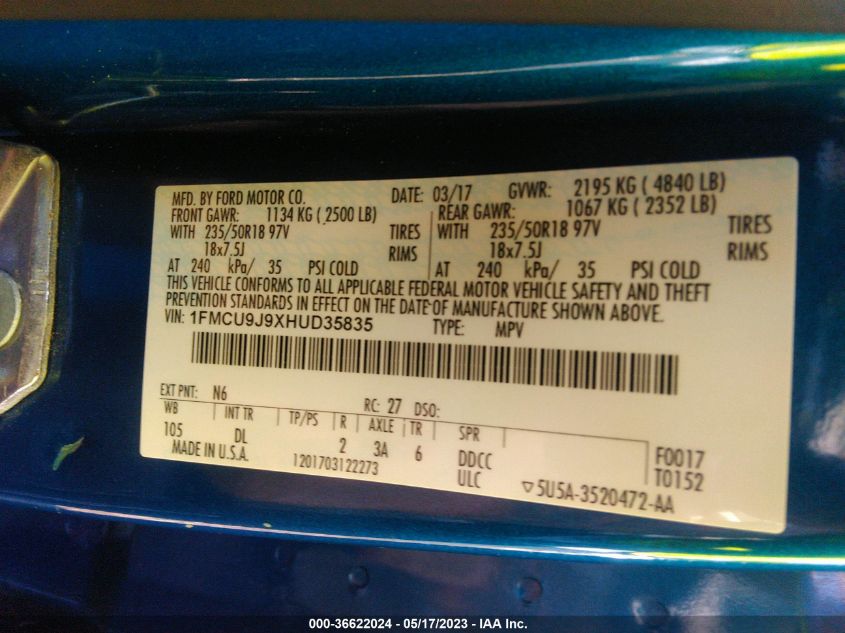 2017 FORD ESCAPE TITANIUM - 1FMCU9J9XHUD35835