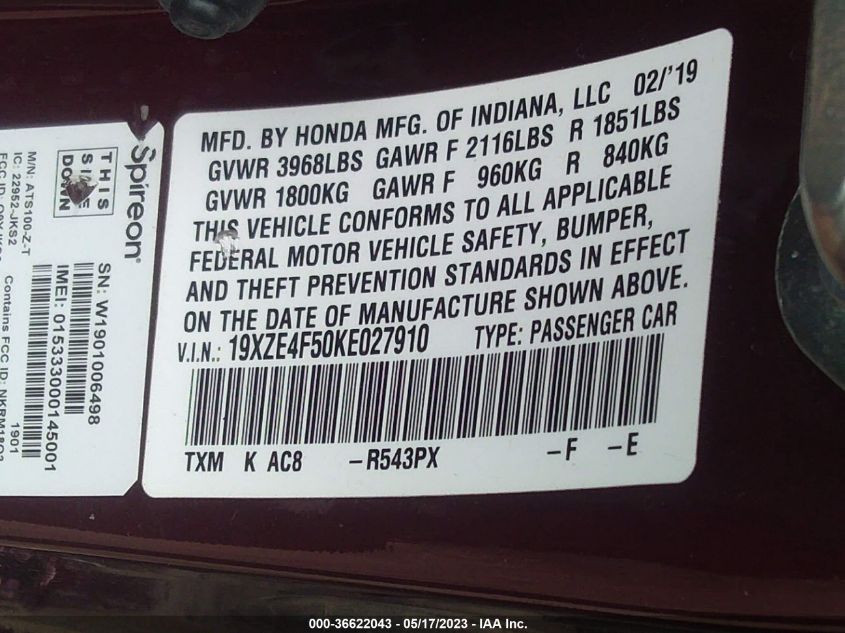 2019 HONDA INSIGHT EX - 19XZE4F50KE027910