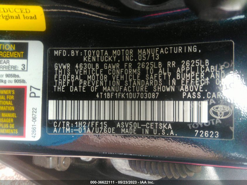 2013 TOYOTA CAMRY L/LE/SE/XLE - 4T1BF1FK1DU703087