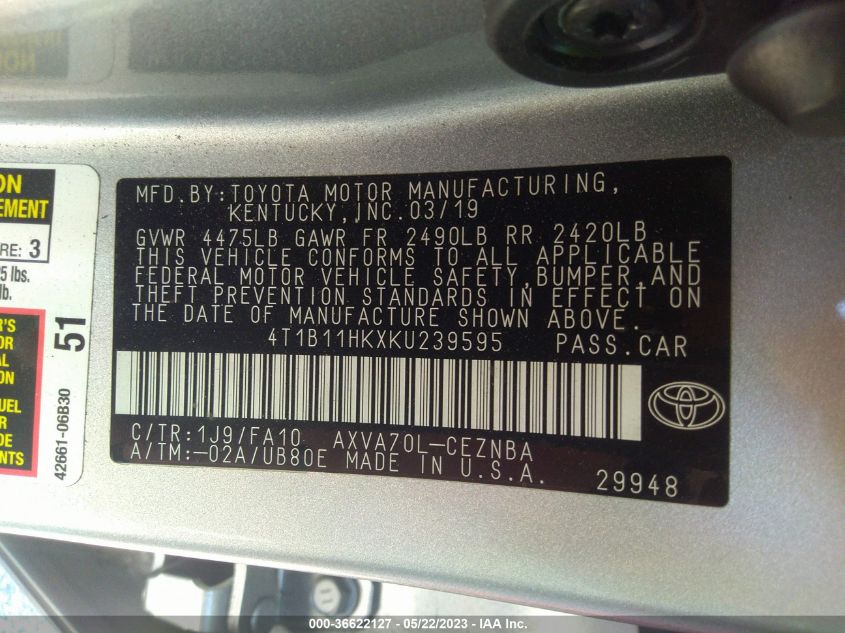 2019 TOYOTA CAMRY LE/SE/XLE/L - 4T1B11HKXKU239595