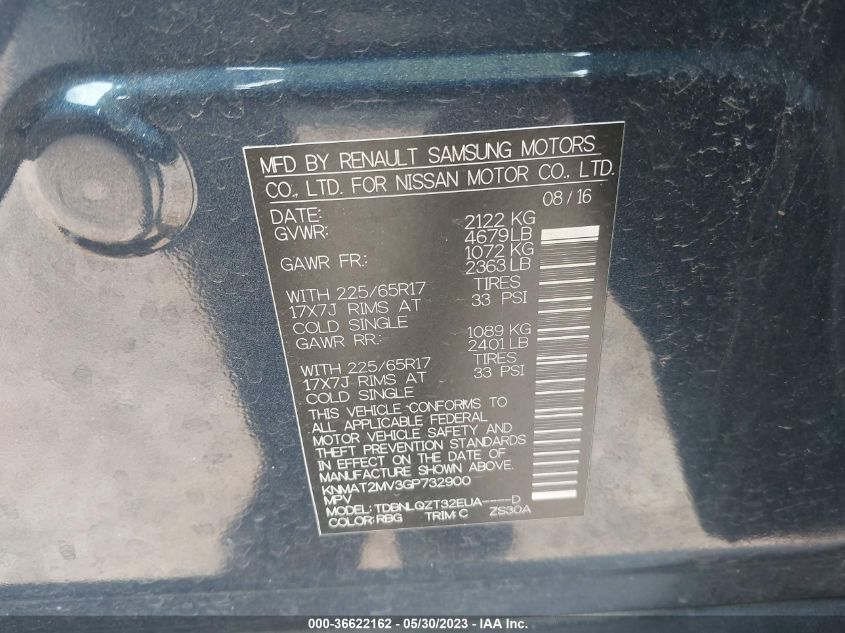2016 NISSAN ROGUE SV - KNMAT2MV3GP732900