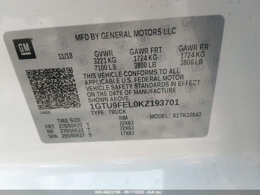 2019 GMC SIERRA 1500 DENALI - 1GTU9FEL0KZ193701