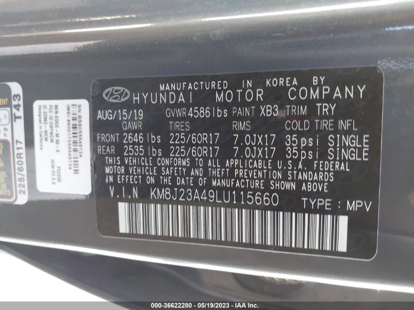 2020 HYUNDAI TUCSON SE - KM8J23A49LU115660