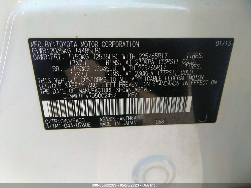 2013 TOYOTA RAV4 XLE - JTMWFREV7D5002452
