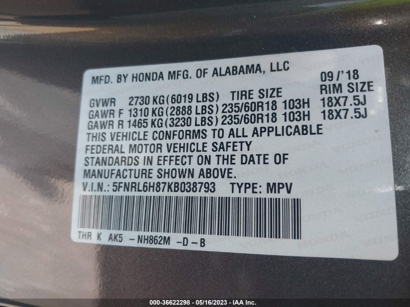 2019 HONDA ODYSSEY TOURING - 5FNRL6H87KB038793