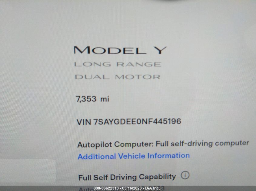 2022 TESLA MODEL Y LONG RANGE - 7SAYGDEE0NF445196
