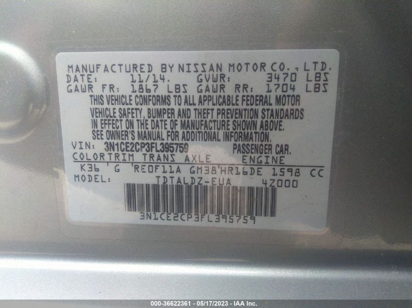 2015 NISSAN VERSA NOTE SV - 3N1CE2CP3FL395759