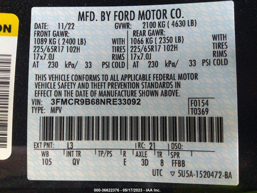 2022 FORD BRONCO SPORT BIG BEND - 3FMCR9B68NRE33092