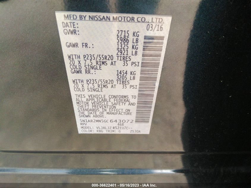 2016 NISSAN PATHFINDER PLATINUM - 5N1AR2MN5GC643072