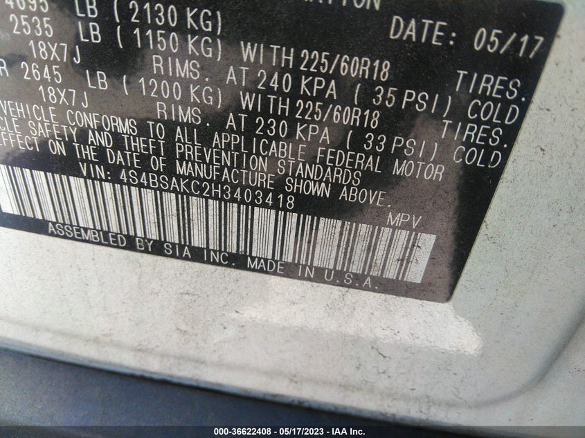 VIN 4S4BSAKC2H3403418 2017 SUBARU OUTBACK LIMITED
