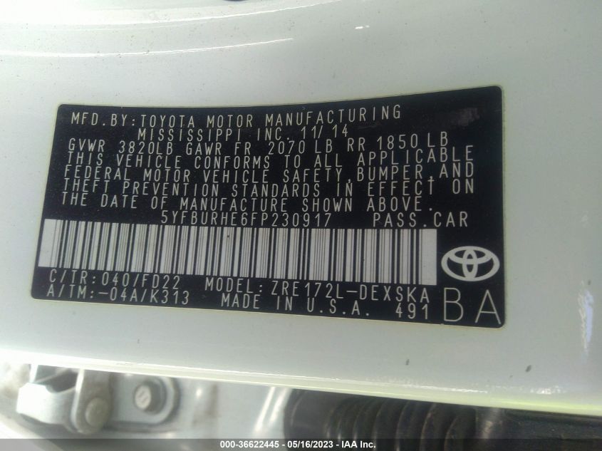 2015 TOYOTA COROLLA L/LE/S/S PLUS/LE PLUS - 5YFBURHE6FP230917