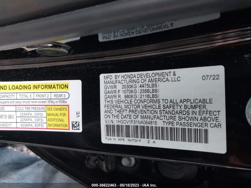 2022 HONDA ACCORD SEDAN SPORT - 1HGCV1F31NA064816