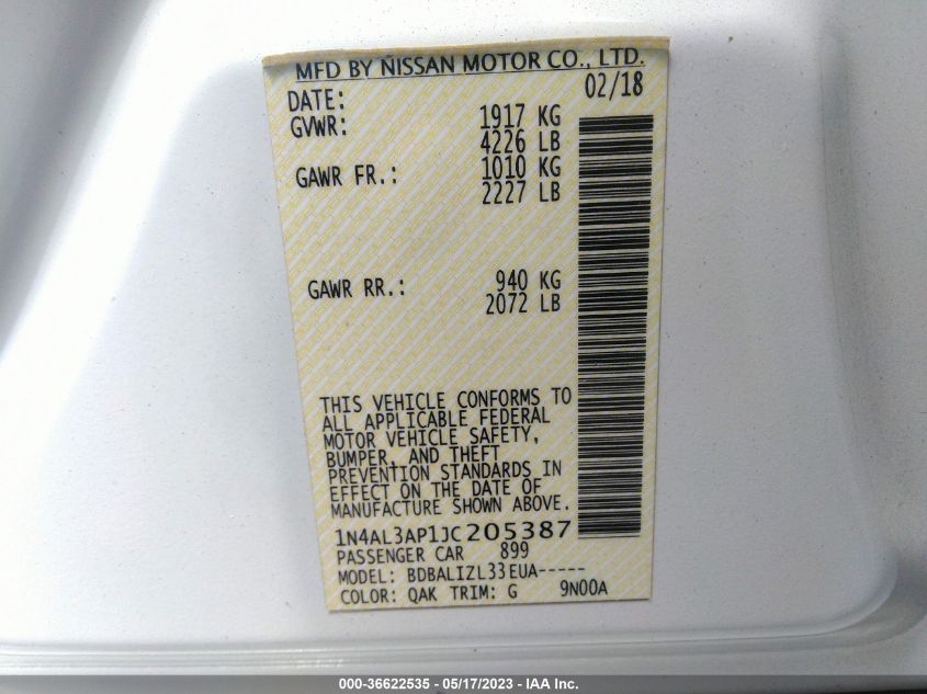 2018 NISSAN ALTIMA 2.5 SV - 1N4AL3AP1JC205387