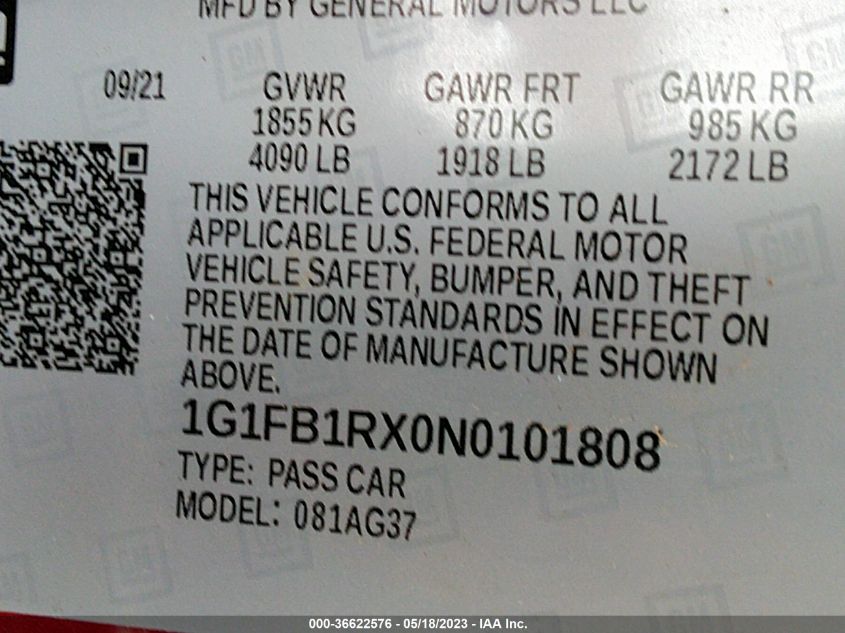 2022 CHEVROLET CAMARO 1LT - 1G1FB1RX0N0101808