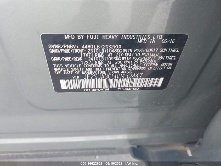2017 SUBARU FORESTER PREMIUM - JF2SJAGC5HH432447