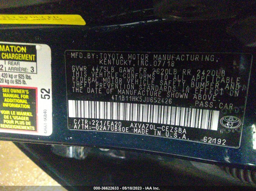 2018 TOYOTA CAMRY LE/SE/XLE/L - 4T1B11HK5JU652426