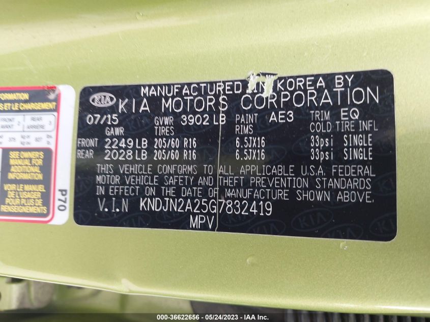2016 KIA SOUL BASE - KNDJN2A25G7832419