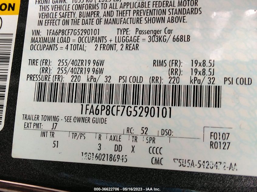 2016 FORD MUSTANG GT - 1FA6P8CF7G5290101