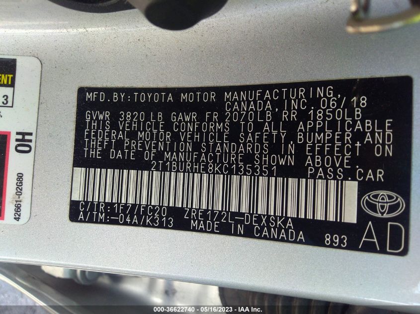 2019 TOYOTA COROLLA L/LE/SE/XLE/XSE - 2T1BURHE8KC135351