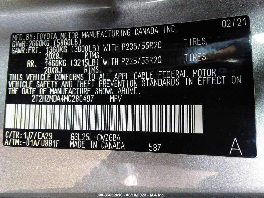 2021 LEXUS RX RX 350 - 2T2HZMDA4MC280497